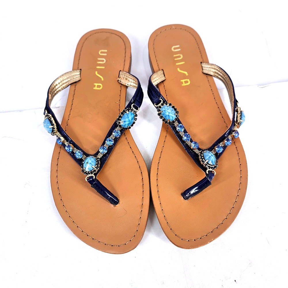 Unisa‎ Womens Blue Rhinestone Thong Sandals Size 8.5M Navy Boho Embellished Flat